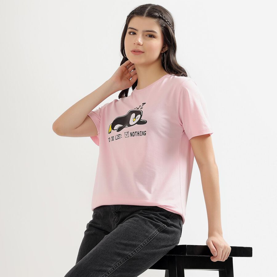 Women's Light Pink Round Neck Graphic Print T-Shirt, Pink, large image number null