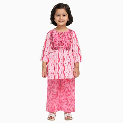 Girls' Bright Pink Embroidered Ikat Kurta and Palazzo Fusion Set