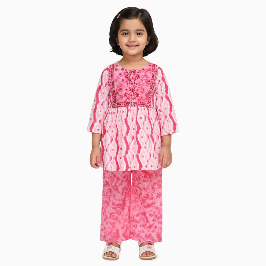 Girls' Bright Pink Embroidered Ikat Kurta and Palazzo Fusion Set, Pink, large