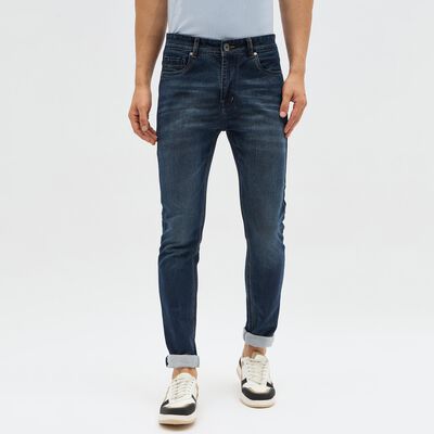 Men's Dark Indigo Slim Fit Whisker Faded Jeans