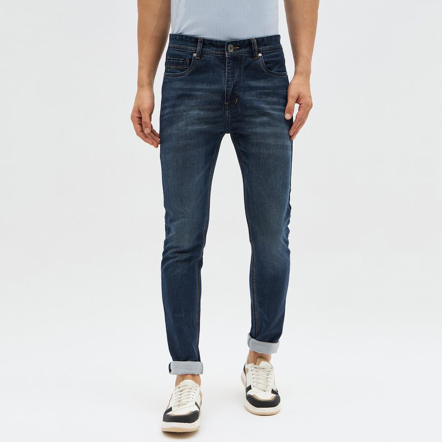 Men's Dark Indigo Slim Fit Whisker Faded Jeans, गहरा नीला, large image number null