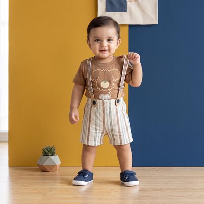 Infants' Beige Cotton Round Neck Graphic Print Baba Suit