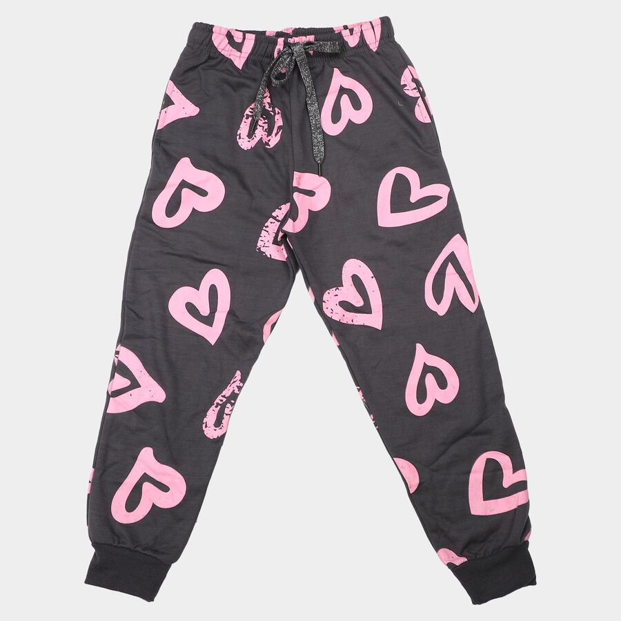 Girls' Dark Grey Heart Printed Drawstring Jogger Pyjama, Dark Grey, large