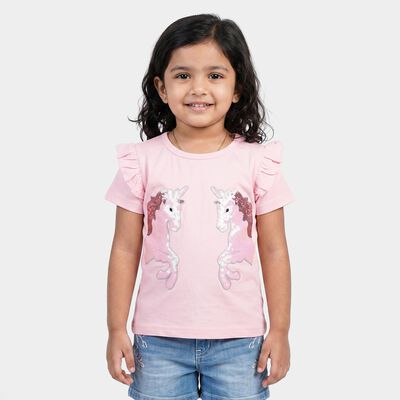 Girls Pink Cotton Round Neck Regular T-Shirt