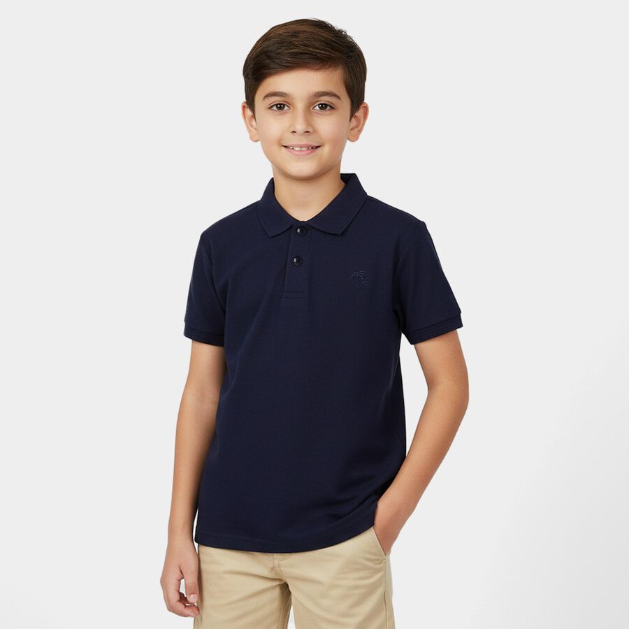 Boys Navy Blue Round Neck Casual Half Sleeve T-Shirt, नेवी ब्लू, large