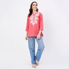 Women's Coral Cotton Notch Neck Floral Printed Kurti, Coral, small