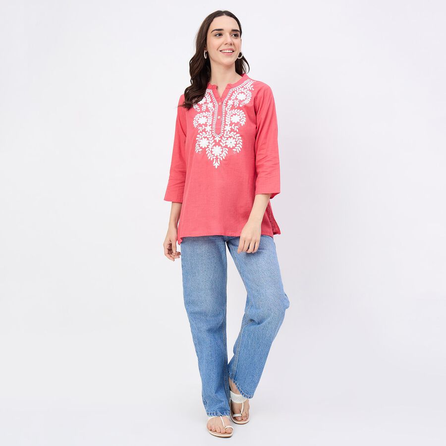 Women's Coral Cotton Notch Neck Floral Printed Kurti, Coral, large