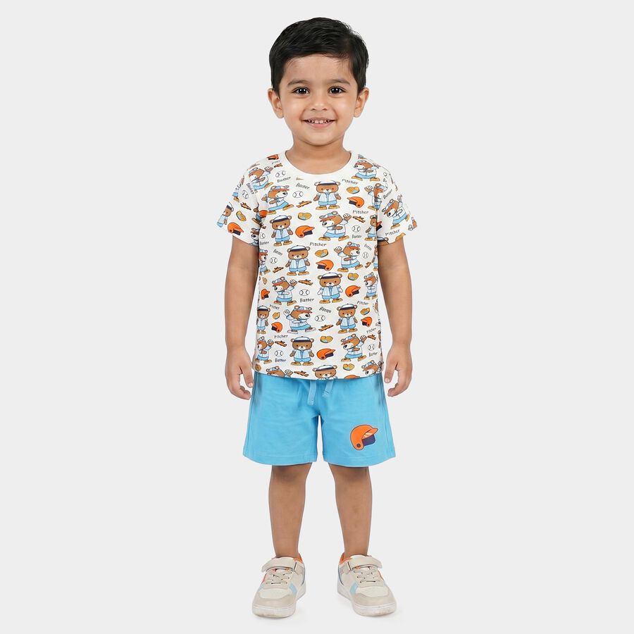 Boys White 100% Cotton Round Neck Graphic Print Baba Suit, White, large