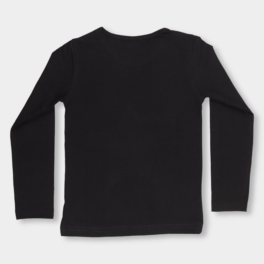 Girls' Jet Black Cotton Round Neck Casual Top, Black, large image number null