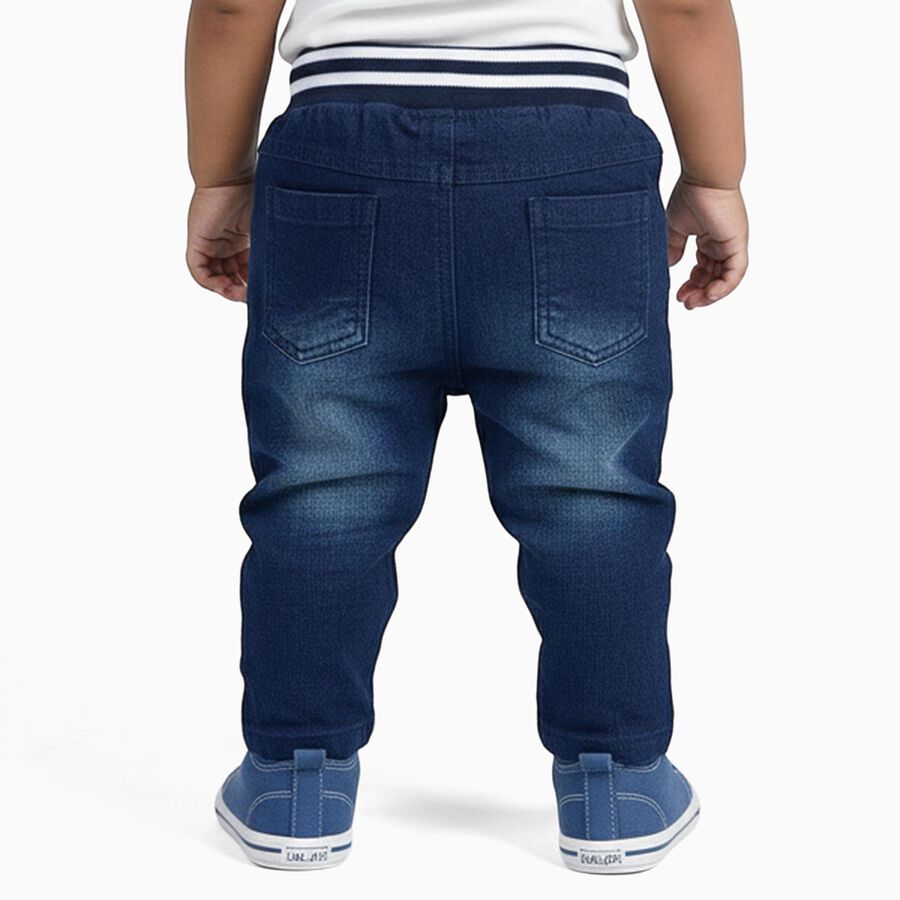 Boys' Dark Indigo Blue Relaxed Fit Monster Embroidered Jeans, मध्यम नीला, large image number null