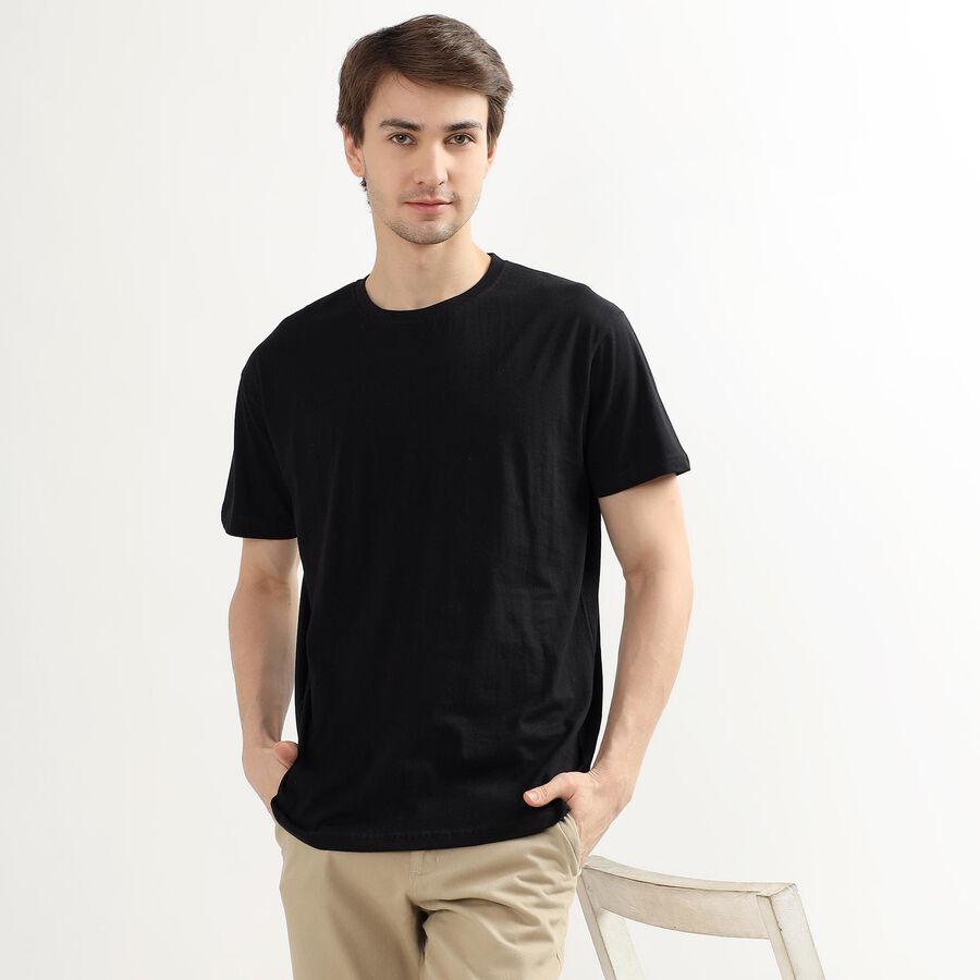 Men's Jet Black Cotton Round Neck Casual T-Shirt, Black, large image number null