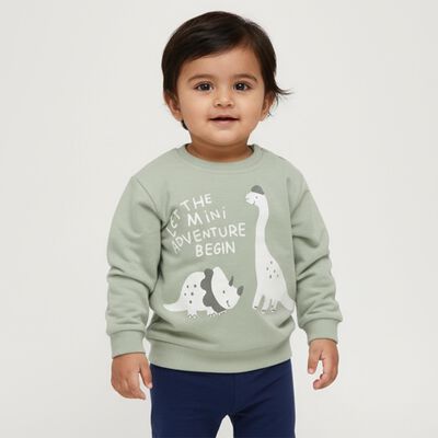 Infants Muted Sage Green Cotton Crew Neck Casual Sweatshirt