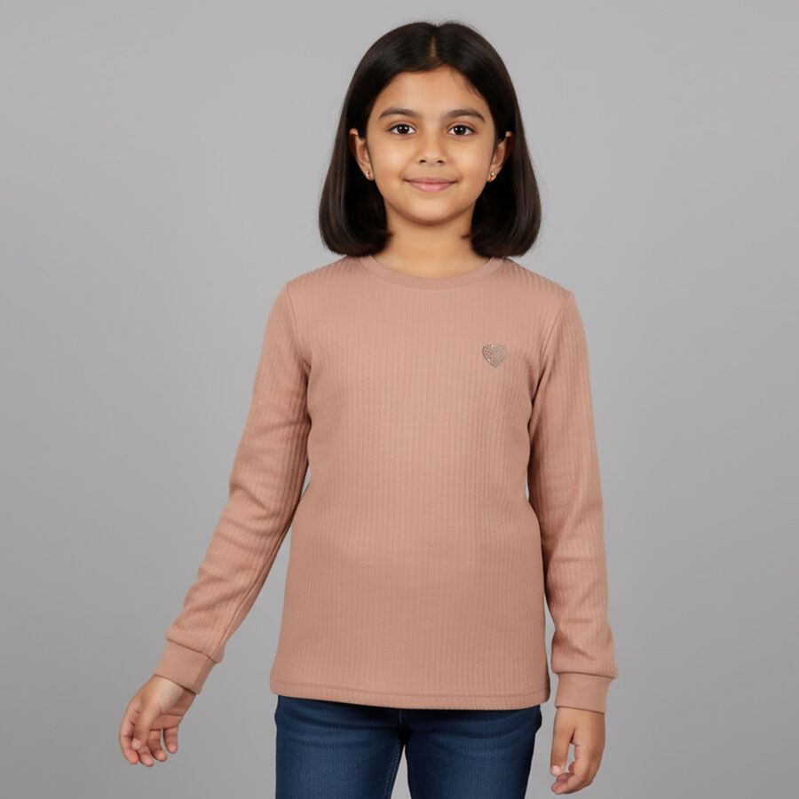 Girls Muted Brown Round Neck Thermal, Brown, large image number null