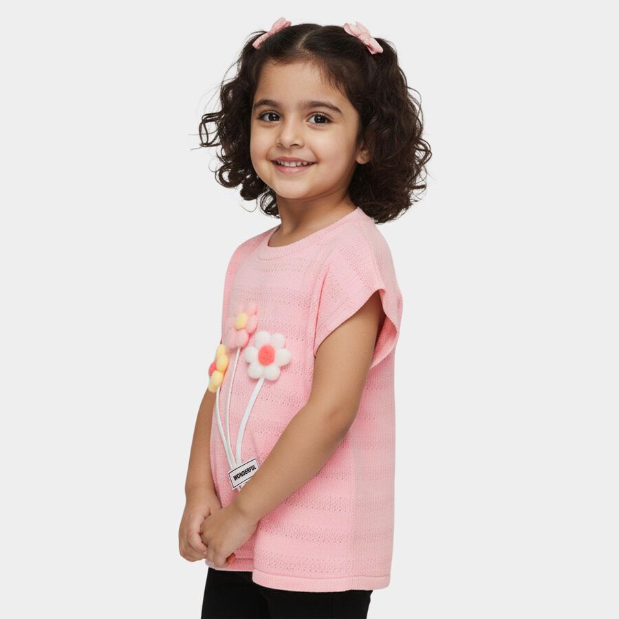Girls' Pink Round Neck 3D Flower Applique Casual T-Shirt, Light Pink, large