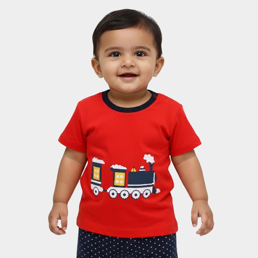 Infants' Red Cotton Round Neck Casual T-Shirt, Red, large