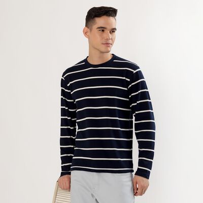 Men's Deep Midnight Navy Blue Crew Neck Casual Full Sleeve T-Shirt 