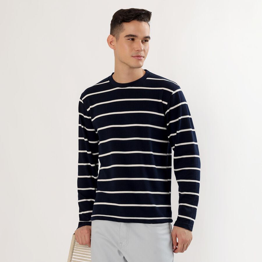 Men's Deep Midnight Navy Blue Crew Neck Casual Full Sleeve T-Shirt , Navy Blue, large image number null