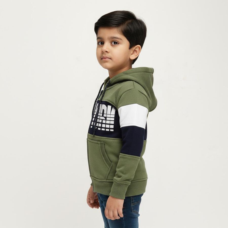 Boys Olive Green Hooded Neck Casual Sweatshirt, Olive, large image number null
