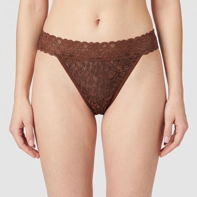 Women's Brown Regular Fit Lace Thong Panty