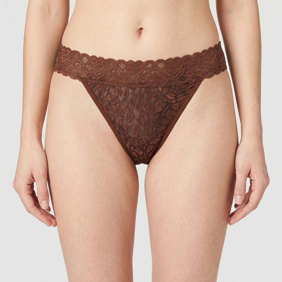 Women's Brown Regular Fit Lace Thong Panty, भूरा, large