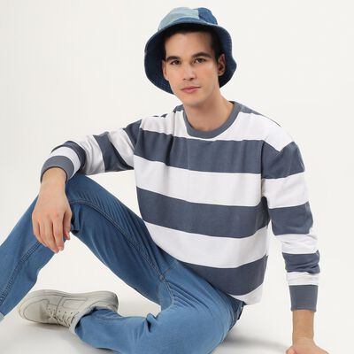 Men's Navy and White Crew Neck Casual Sweatshirt
