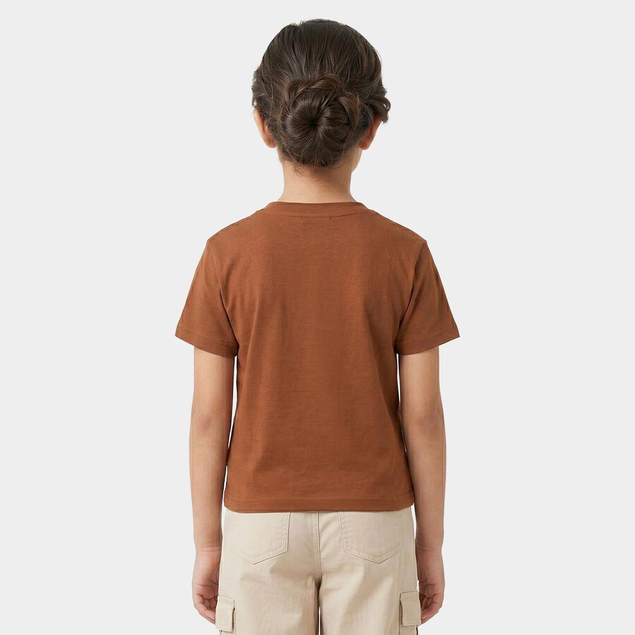 Girls Brown Round Neck Regular T-Shirt, भूरा, large