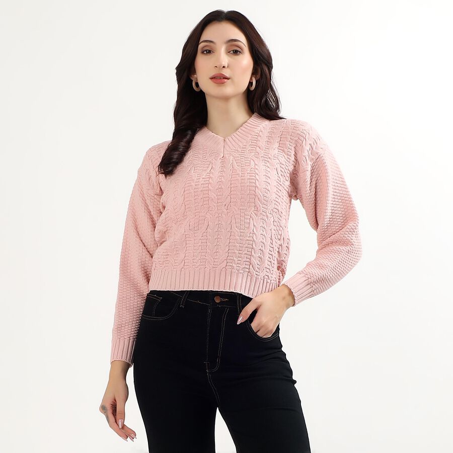 Women's Light Pink V-Neck Casual Pullover, हल्का गुलाबी, large image number null