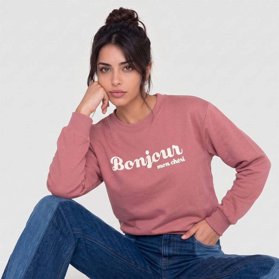 Women Pink Crew Neck Pullover Sweatshirt, Pink, large