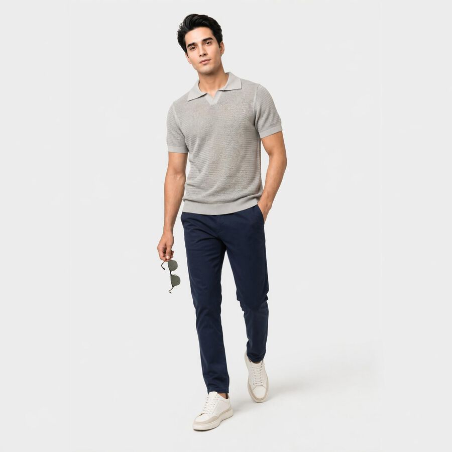 Men's Grey Cotton Polo Neck Solid T-Shirt, Light Grey, large