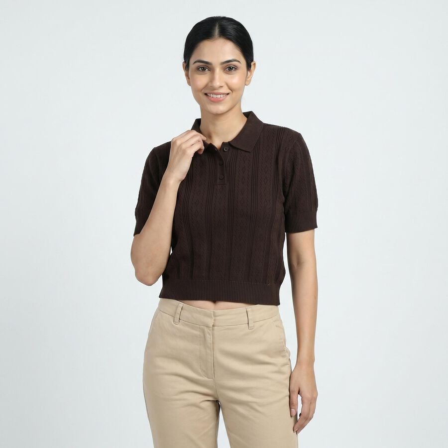 Women's Brown Cotton Top, भूरा, large
