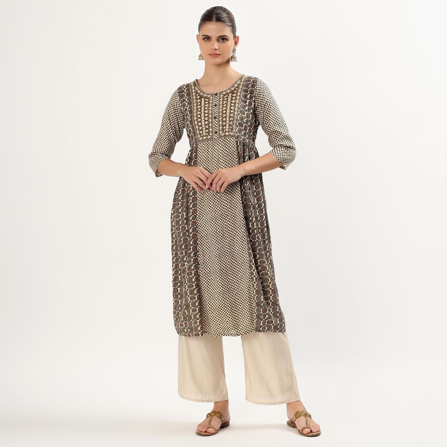 Women's Beige Round Neck Printed Kurta, Beige, large image number null