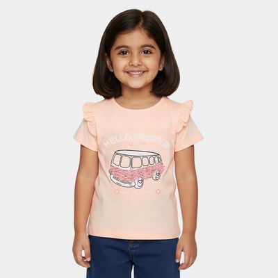Girls' Pink Cotton Round Neck Casual T-Shirt