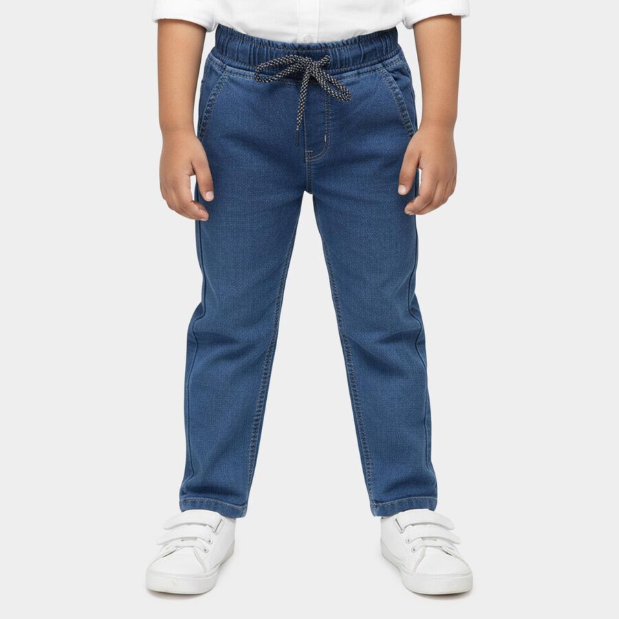 Boys' Blue Regular Fit Elastic Waist Jeans, मध्यम नीला, large