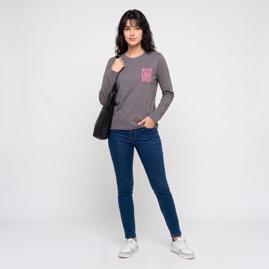 Women's Grey Round Neck Regular Top, गहरा ग्रे, large