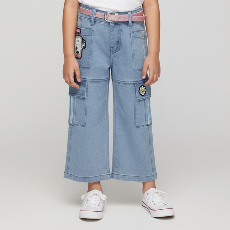 Girls' Light Blue Wide-Leg Cargo Style Jeans, Light Blue, large image number null