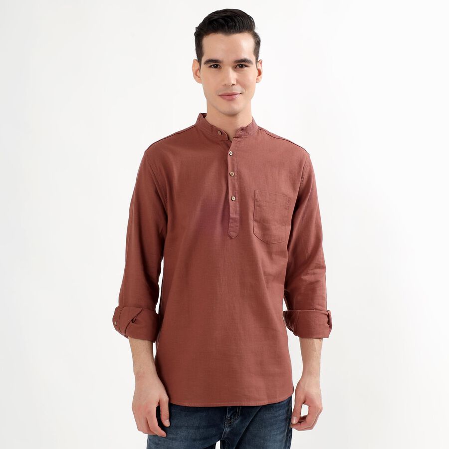 Men's Muted Terracotta Brown Cotton Mandarin Collar Solid Kurta, Brown, large image number null