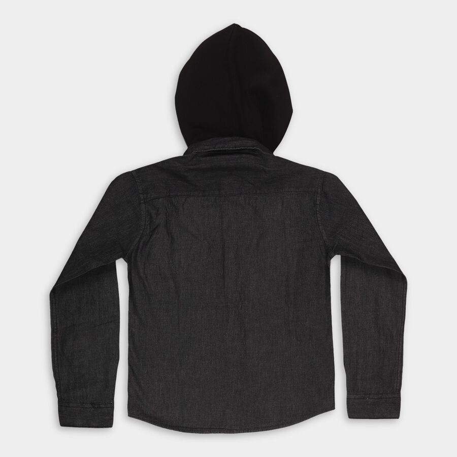 Boys Jet Black Hooded Casual Shirt, काला, large image number null