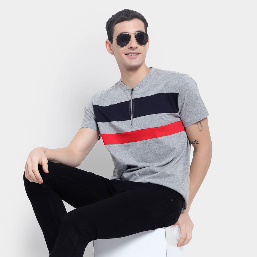 Stripes Henley T-Shirt, मिश्रित मध्यम ग्रे, large image number null
