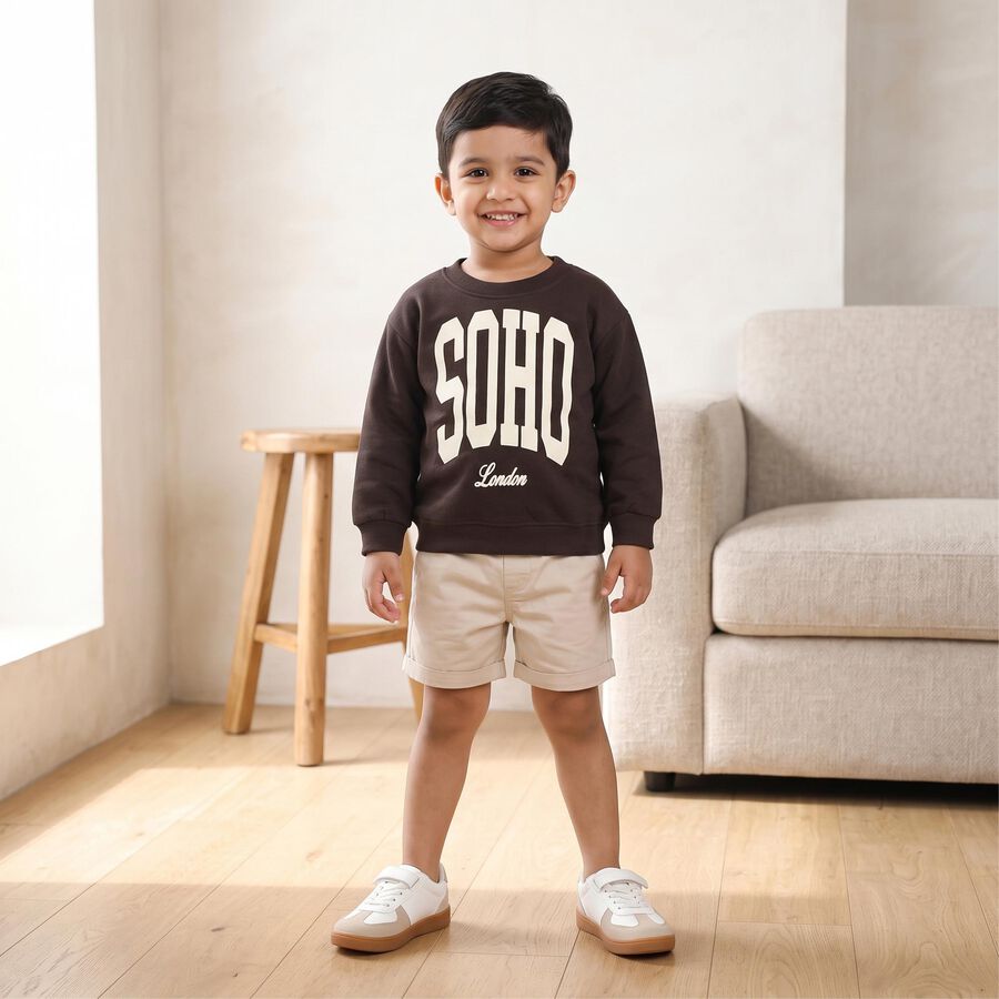 Boys' Brown Crew Neck Graphic Print Sweatshirt, Brown, large
