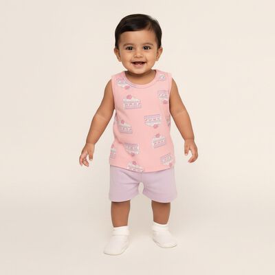 Infant Girl Soft Pink Cotton Round Neck Casual Shorts Set
