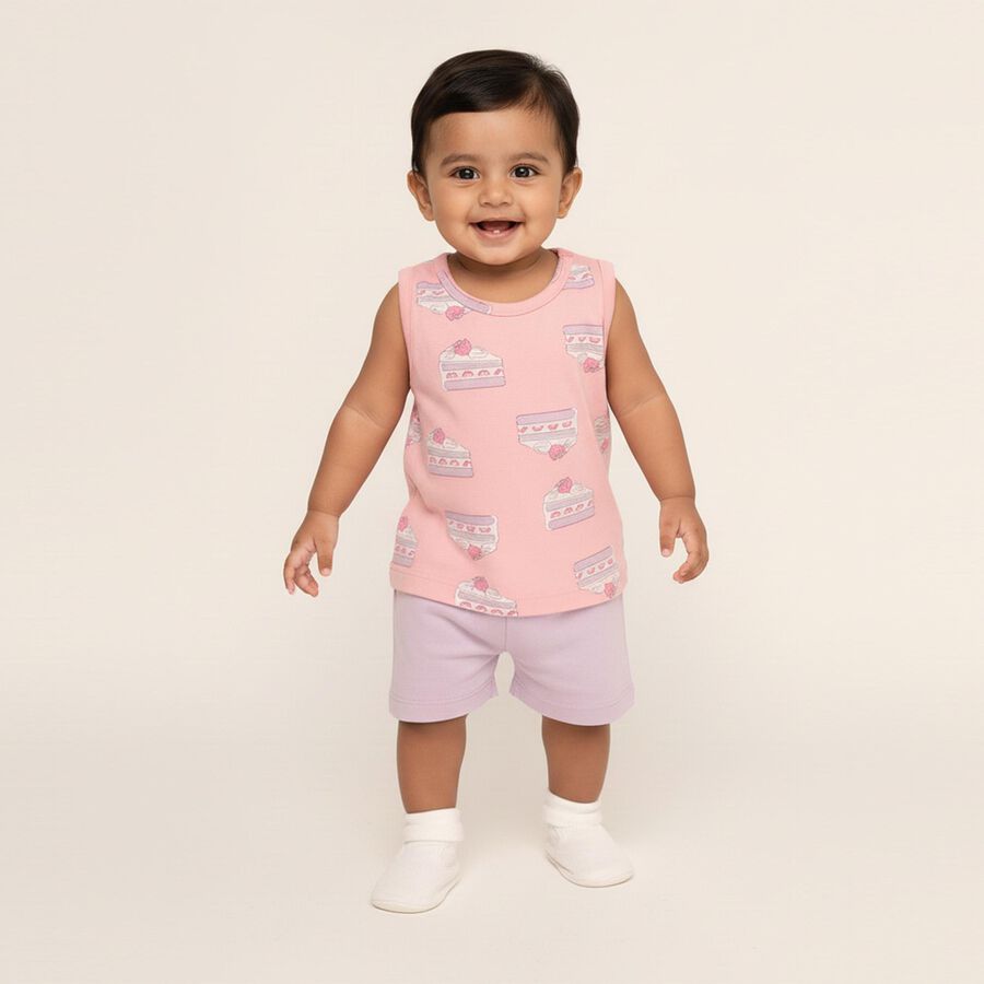 Infant Girl Soft Pink Cotton Round Neck Casual Shorts Set, हल्का गुलाबी, large image number null