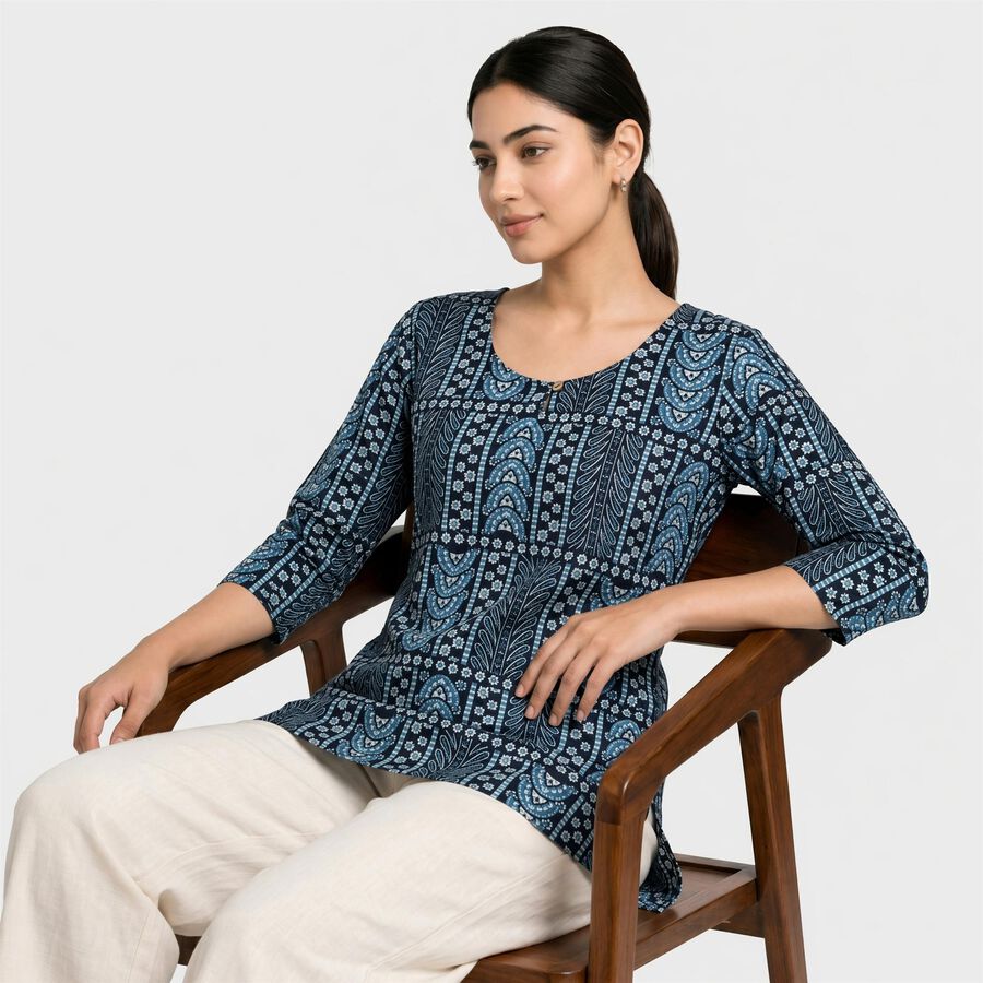 Women's Navy Blue Scoop Neck Printed Straight Kurti, Dark Blue, large