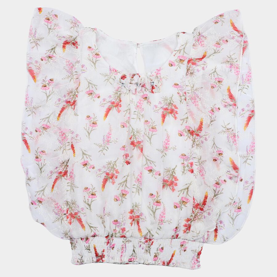 Girls White Round Neck Floral Printed T-Shirt, White, large