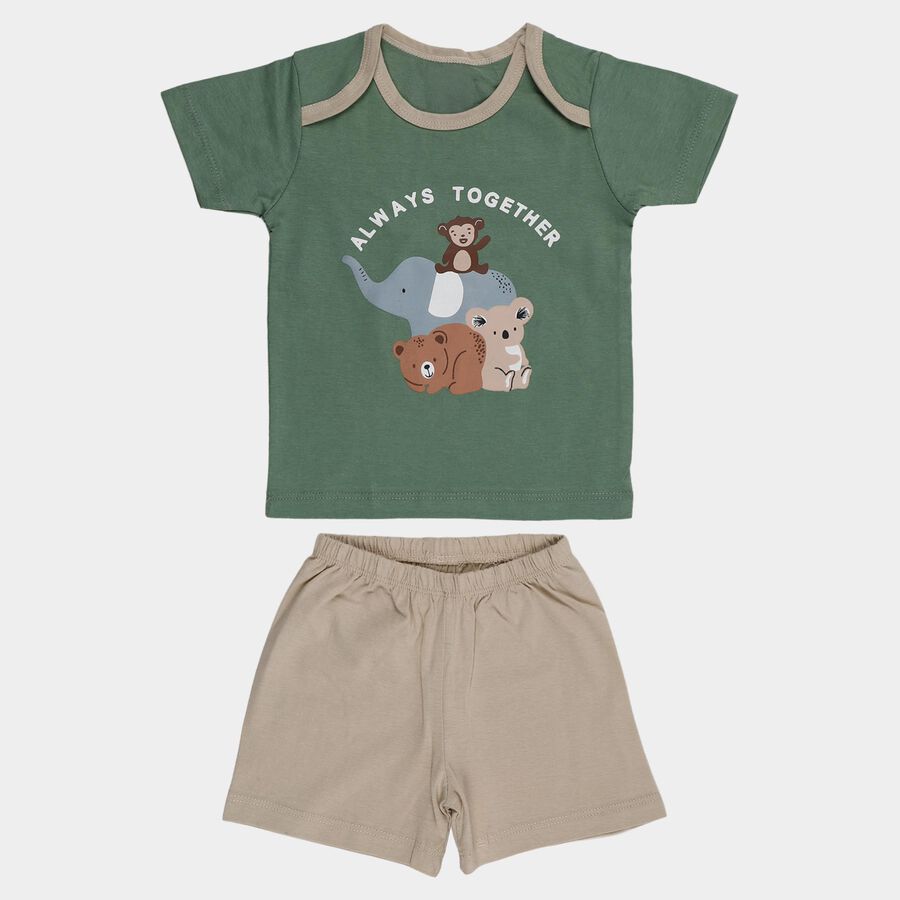 Infants' Olive Cotton Round Neck Printed Baba Suit, Olive, large