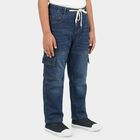 Boys' Navy Blue Relaxed Fit Cargo Style Jeans, गहरा नीला, small