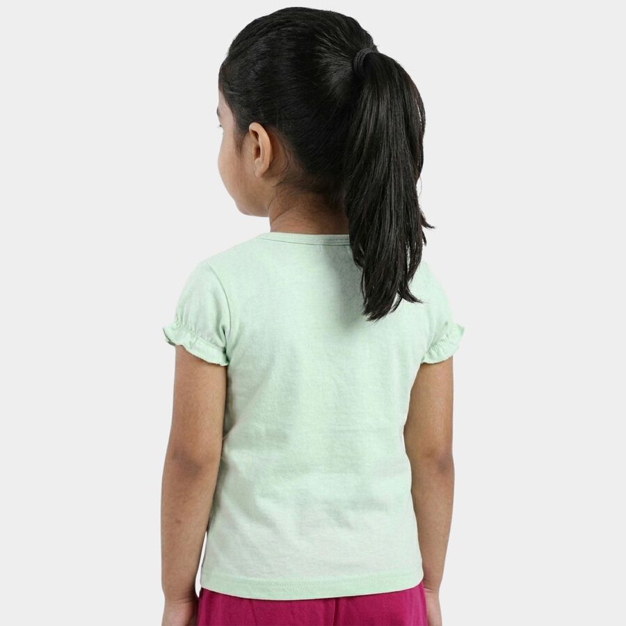 Girls' Light Green Cotton Round Neck Graphic T-Shirt, हल्का हरा, large