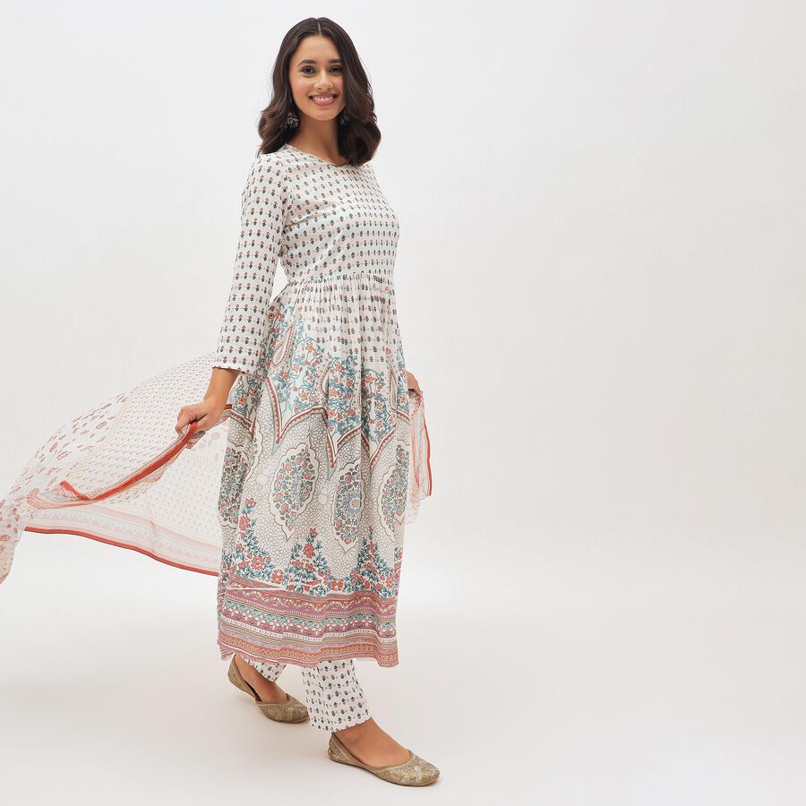 Women's Soft Ivory White Floral Printed Ethnic Set, Light Blue, large image number null