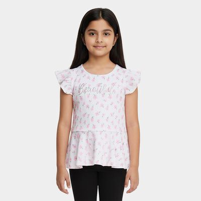 Girls' White Round Neck Casual Floral Printed T-Shirt