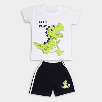 Boys' White Cotton Round Neck Dinosaur Printed Baba Suit
