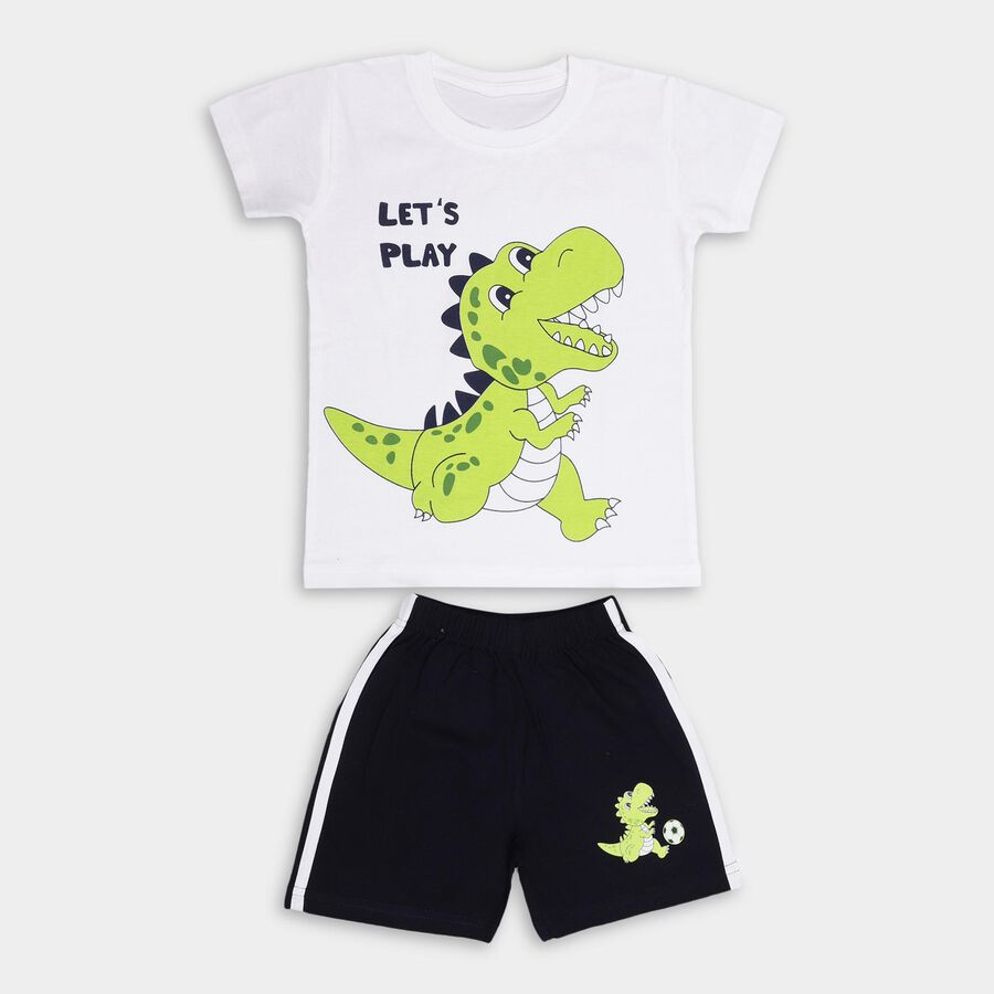 Boys' White Cotton Round Neck Dinosaur Printed Baba Suit, White, large image number null